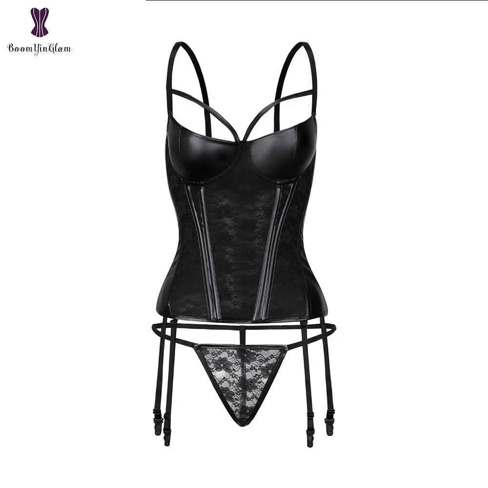 Pasek Kobiety Faux Leather Sexy Kwiatowy Koronkowy Bond Overbus Corset Czarny Talia Bustier Cincher Top Ciewshaper