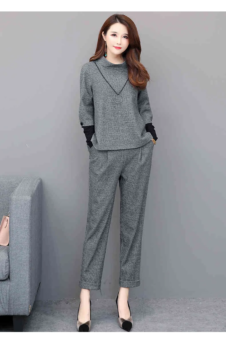 Autumn Grey Elegancka Dwuczęściowa Ustawia Stroje Kobiety Plus Size fałszywe dzieła Topy i Spodnie Dresy Biuro koreański Ladies 210514