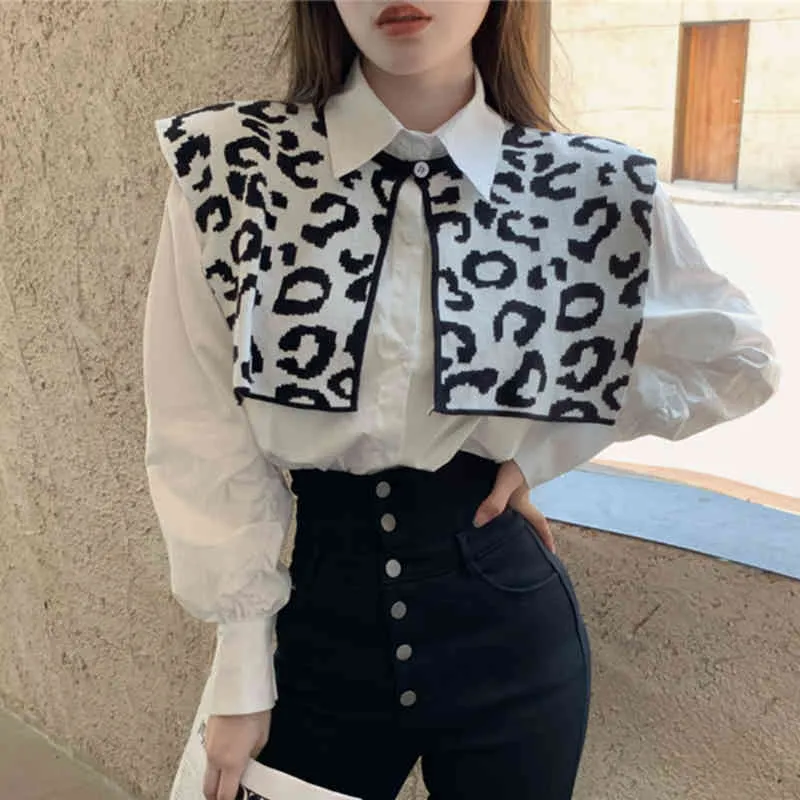 Lucyever Leopard Shawl Fashion Camicette da donna Autunno Manicotto a sbuffo Camicie da donna Stile coreano Bianco All-match Top Femme 210521
