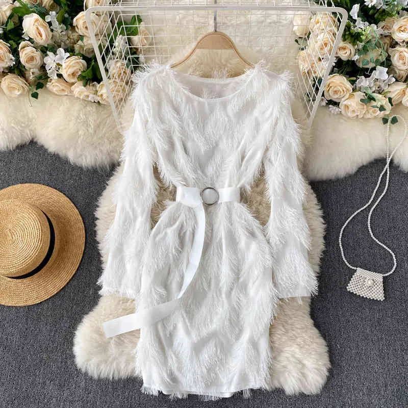 SINGREINY Design Chic Tassel Dress Women Korean O Neck Long Sleeve Solid Dresses Autumn Winter Fashion Streetwear Short Dress 210419