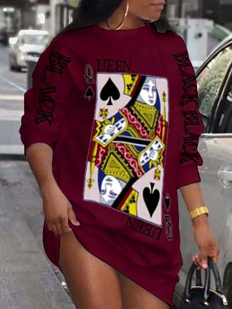 Primavera Autunno Donna Plus Size Mini abito casual Nuovo Femme Poker Lettera Stampa manica lunga Abbigliamento O-Collo Abito con cappuccio 210415