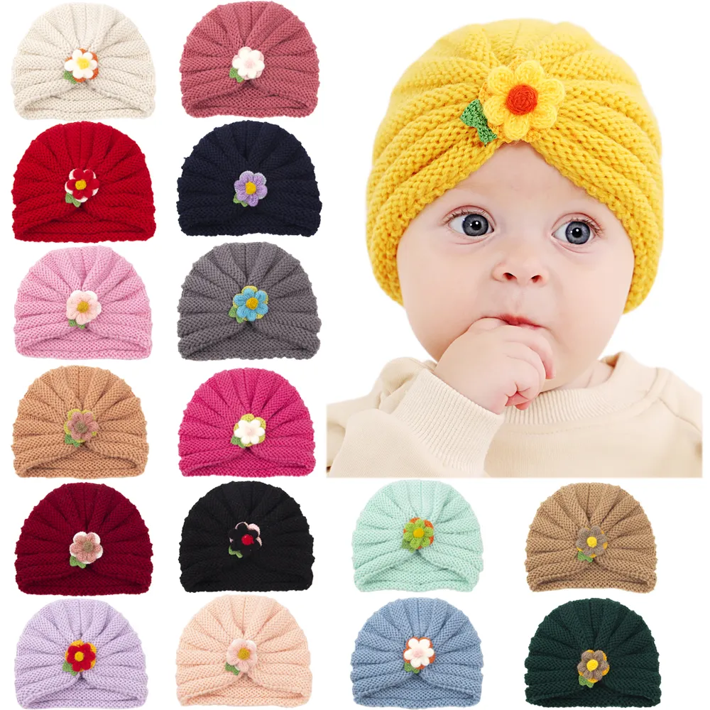 En vrac nouveau Turban tricoté bébé filles garçons automne hiver chaud tricot bonnets casquettes pour enfants fleur casquette chapeau enfants bandeau