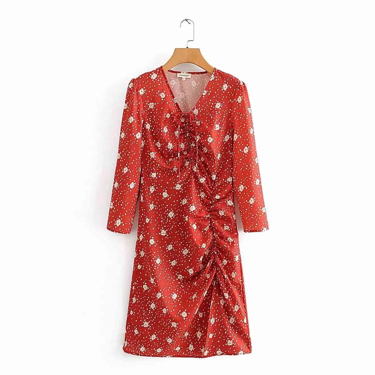 Foridol Manches Longues Floral Dot Imprimer Robe Rouge Automne Hiver Femmes Col En V Wrap Robe Robe Vintage Casual Office Lady Robe 210415