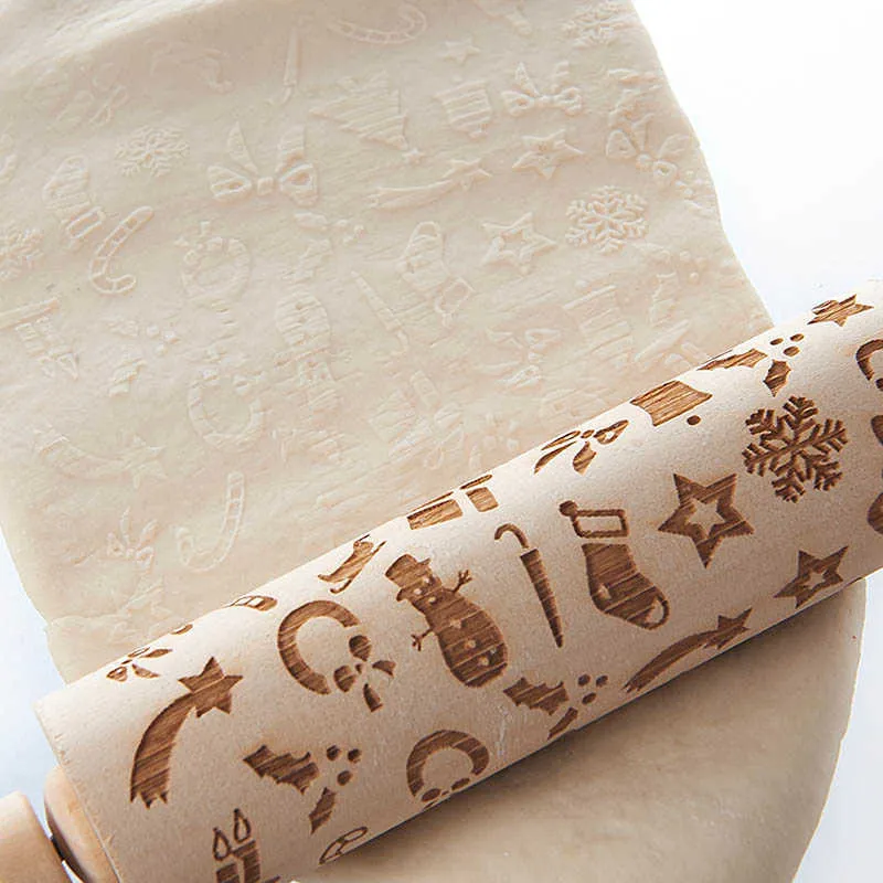 Leaf Christmas Deer Wooden Rolling Pin Embossing Baking Cookies Noodle Biscuit Fondant Cake Dough Patterned Roller Snowflake 211008