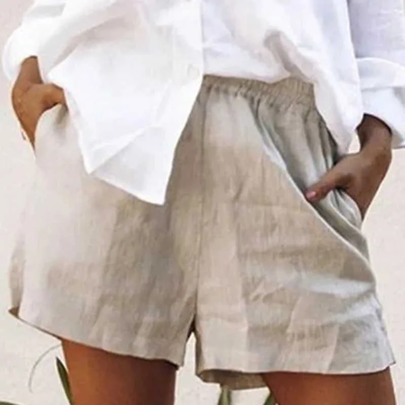 Fashing Summer Women Pantaloncini di lino in cotone il tempo libero Pantaloni corti larghi Elastico in vita Moda casual Colore caramella Big Plus Size S-5XL 210714