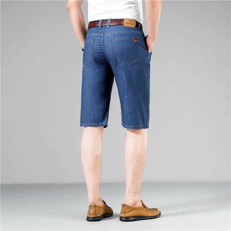 Verano fibra de bambú algodón estiramiento recto pantalones cortos de mezclilla estilo clásico negocio casual marca oficina de los hombres jeans ligeros 210531