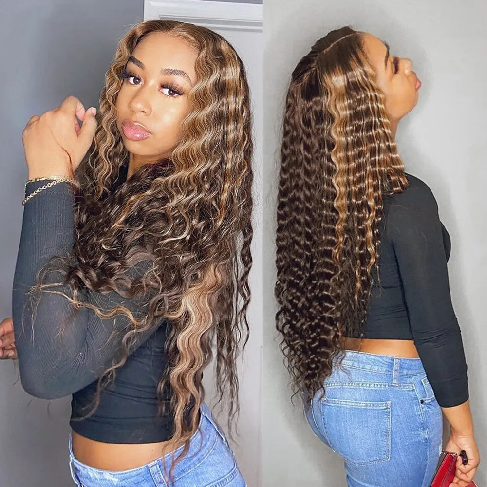 13x4 Transparent Lace Front Wig Ombre Deep Wave Brazilian Indian Remy Human Hair Wigs 4/27 Highlight Wig 16-28 tum