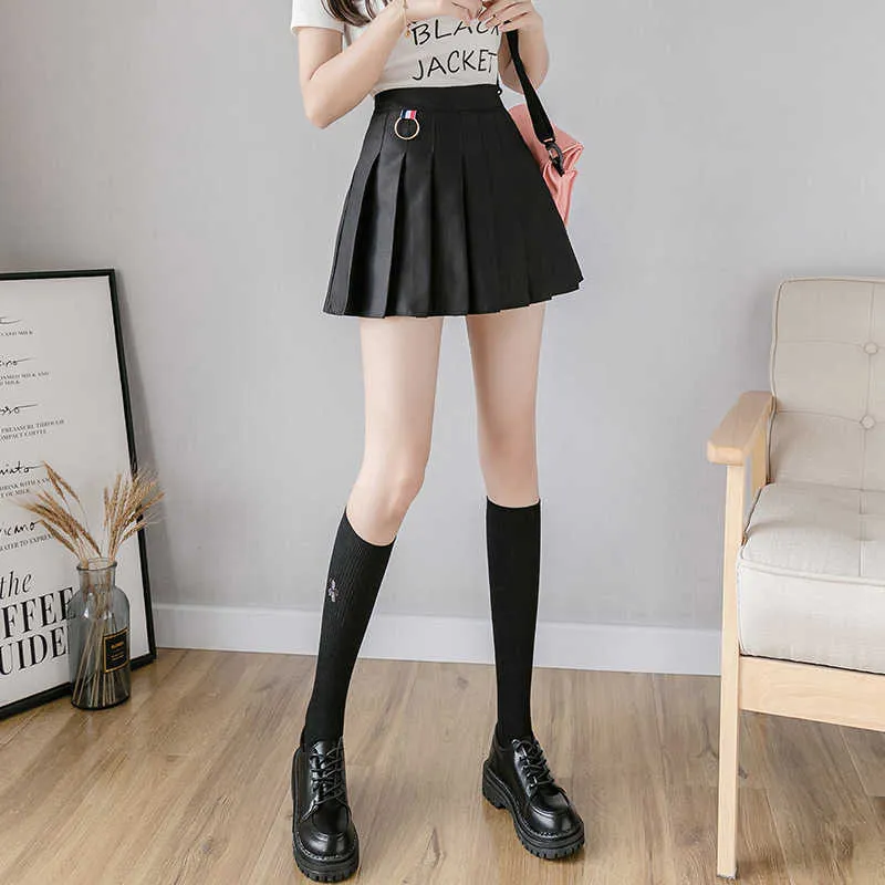 Короткие юбки черный белый высокий талированный корейский танец стиль для подростков девушки повседневная мода A-Line Pliated Prepty 210604