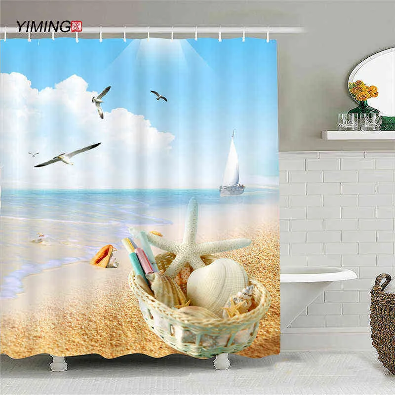 Fenêtre de plage 3D ouvrant le paysage de plage impression rideau de salle de bain polyester rideau de douche baignable à l'eau imperméable et moisissure 211116