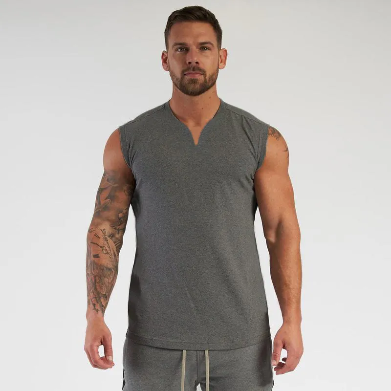 Gymkläder V Neck Compression Sleeveless Shirt Fitness Mens Tank Top Cotton Bodybuilding String Tankop Singlet Workout Vest695415358