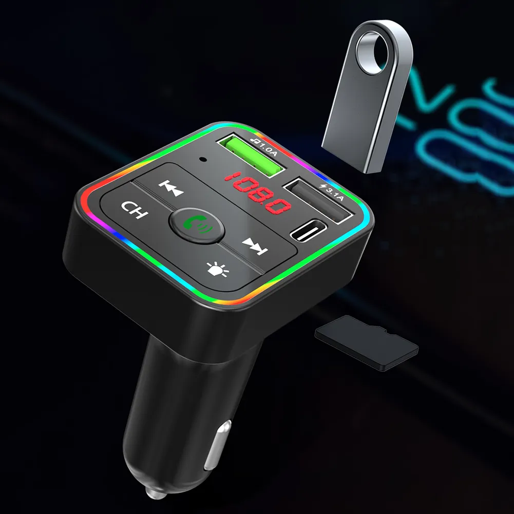 F2 zestaw samochodowy Bluetooth modulator nadajnika FM kolorowe podświetlenie LED bezprzewodowy adapter radiowy zestaw głośnomówiący do telefonu TF odtwarzacz MP3 typ C Port