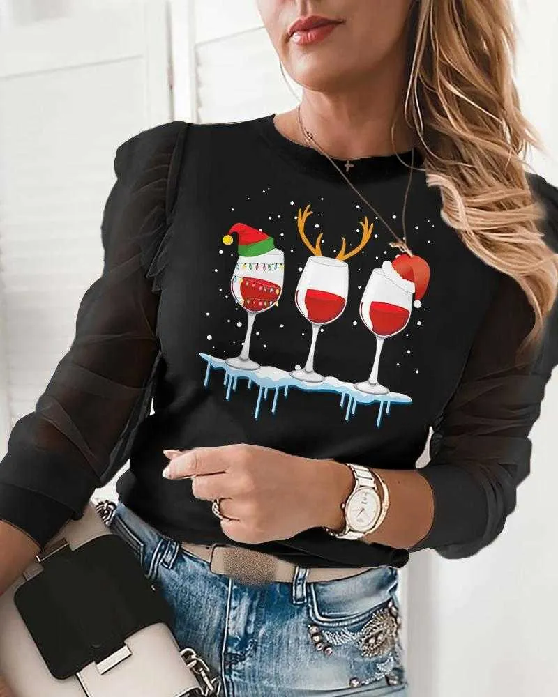 Frauen Mode Casual Langarm Tops Sheer Mesh Spleißen Bluse Feamle SweetStyle Weihnachten Print Design Tops 210716