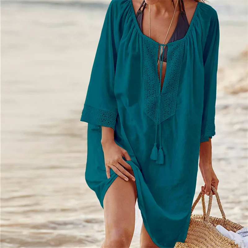 Kobiety kostium kąpielowy pokrywa UPS Sexy Kaftan Plaży Tunika Sukienka Lato Robe De Plage Solid Cotton Pareo Up # Q363 210420