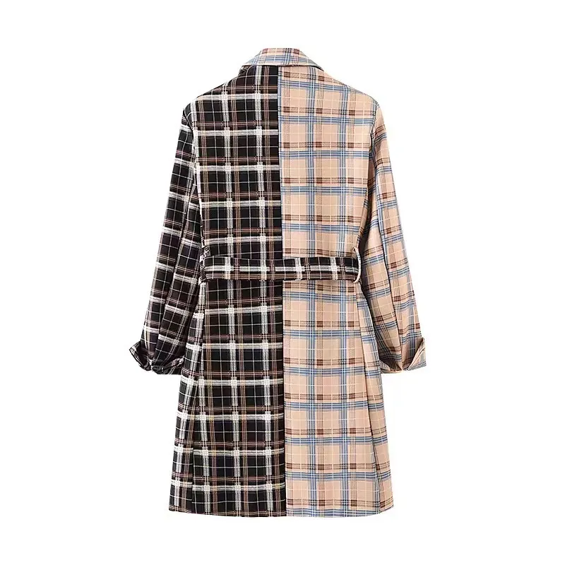 Outono inverno gravata arco guingão verificação xadrez de xadrez elegante mulheres lapela manga longa slim encaixos meados casaco outerwear 210429
