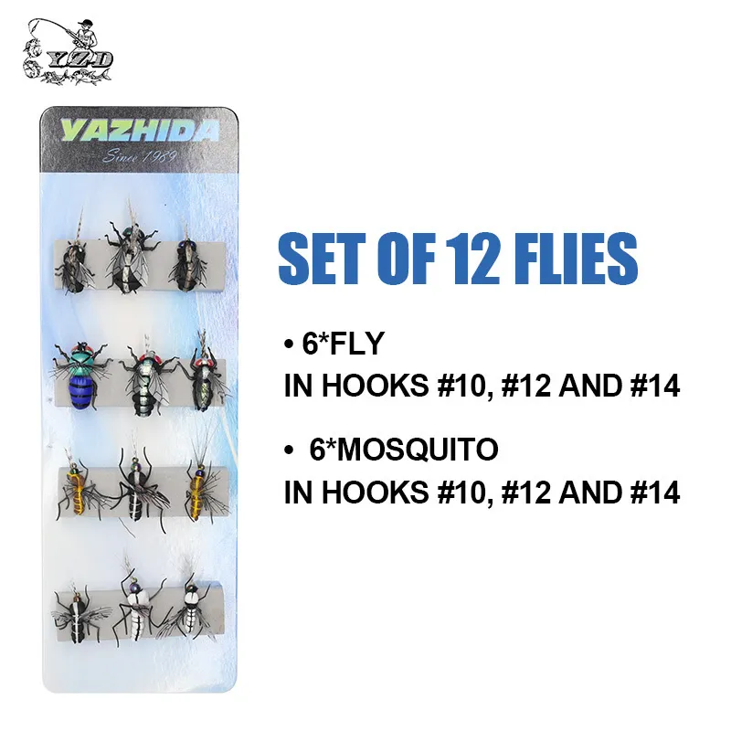 Fliegenfischen-Fliegen-Set, 12 Stück, Moskito-Stubenfliege, realistischer Insektenköder für Forellenköder-Set, Fliegenfischen 220302219a