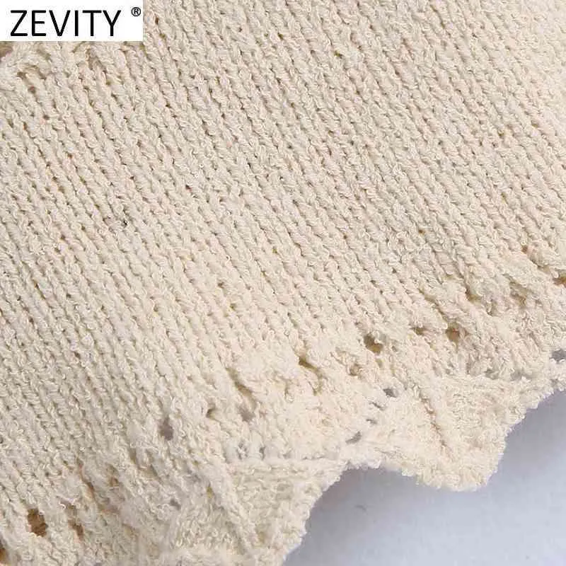 Zevity Frauen Mode V-ausschnitt Jacquard Häkeln Stricken Pullover Weibliche Grundlegende Spaghetti Strap Welle Kurze Weste Chic Crop Tops SW812 210419