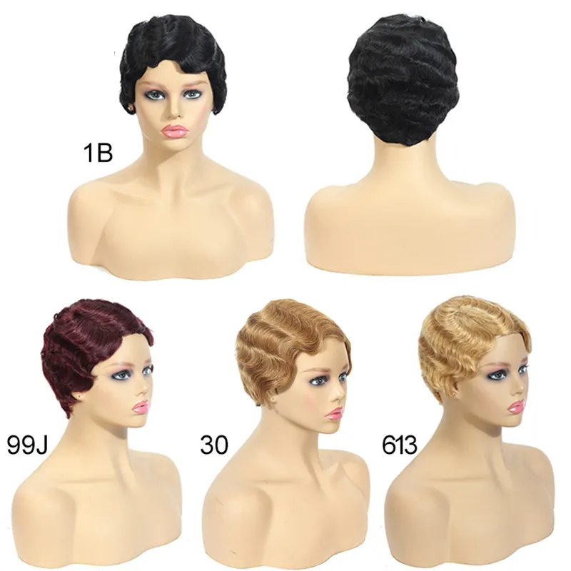Kurze Echthaar-Perücke, kappenlos, Wasserwelle, Vintage-Retro-Perücke, mehrere Farben, Perruques De Cheveux Humains, RQY4331
