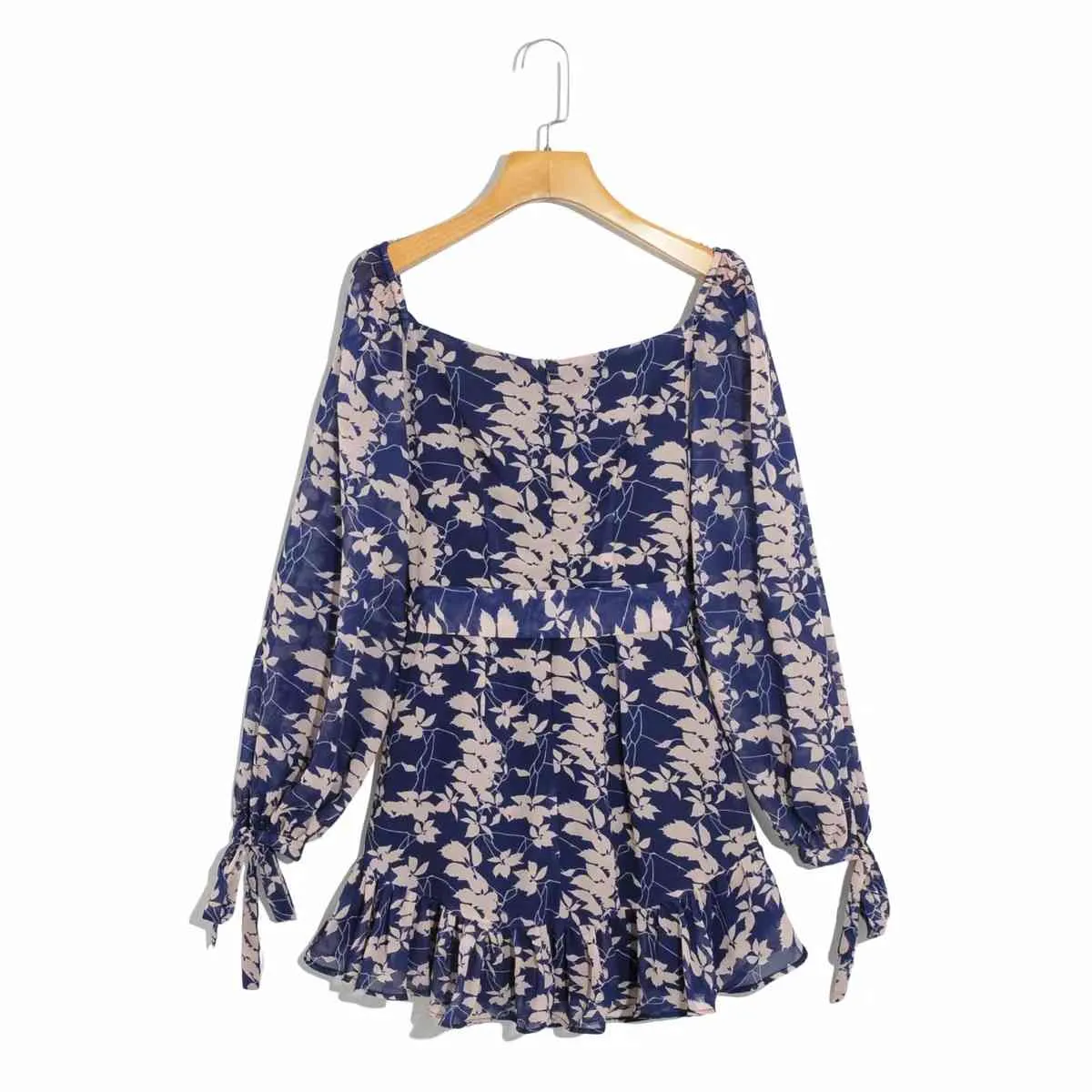 Foridol Leaf Print V Neck Chiffon Vår Höst Kort Klänning Kvinnor Navy Blå Sheer Långärmad Bowknot Sash Beach Dress 210415