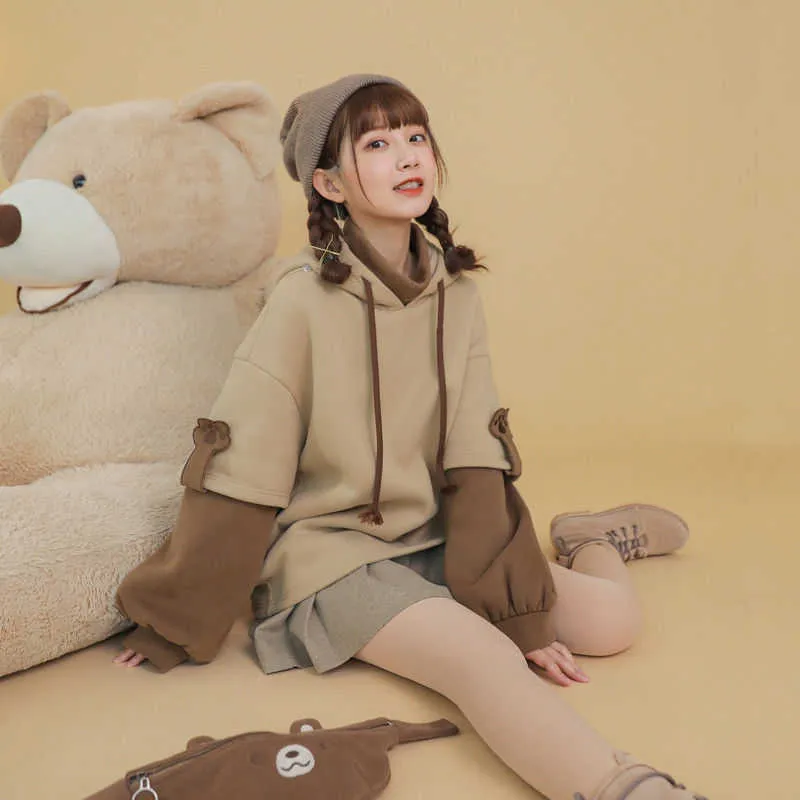 Harajuku esthétique ours anime sweat à capuche femmes coréen kawaii ras du cou à manches longues surdimensionné streetwear kpop automne hiver vêtements hauts 210803