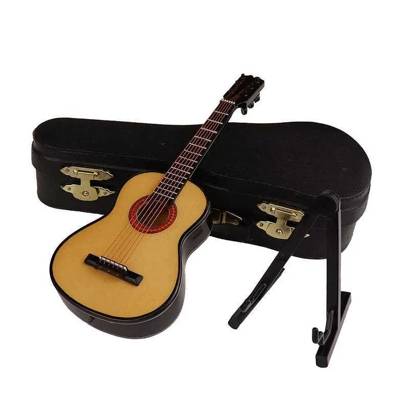 Mini Classical Guitar Wooden Miniature Model Musical Instrument Decoration Gift Decor For Bedroom Living Room 210804