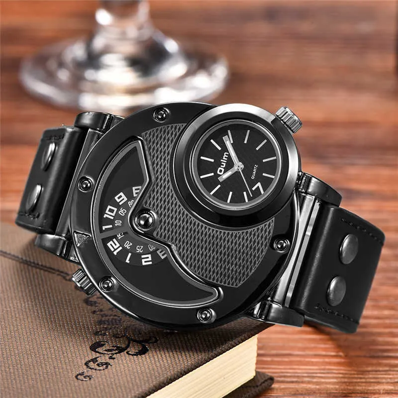 Oulm 9591 Sport Men Quartz Watch Two Time Zone Classic Mäns Armbandsur Casual Leather Rem Male Clock Reloj Hombre G1022