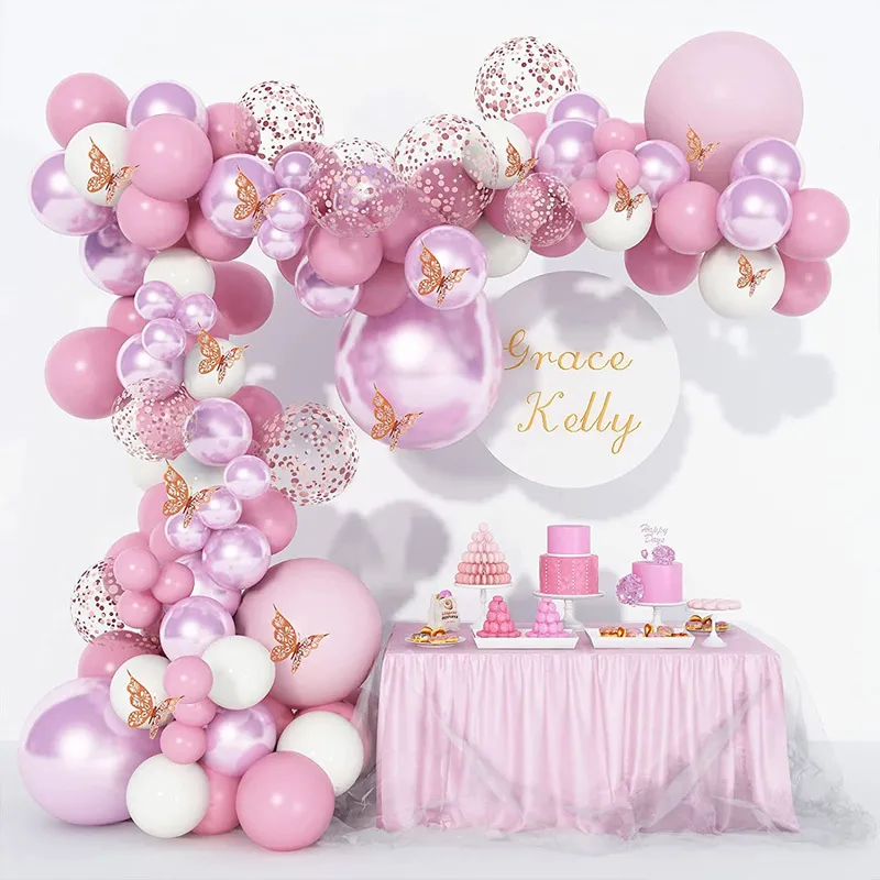 White Metal Różowe balony Garland Arch Rose Gold Confetti Baby Shower Girl Birthday Wedding Party Dekoracje 220217