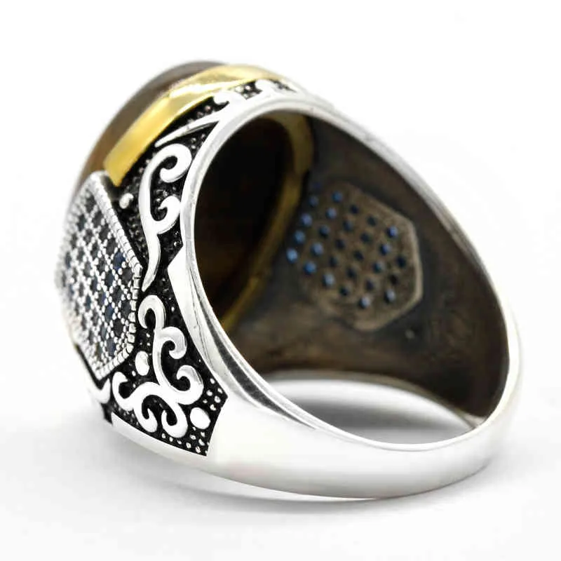 Genuine sterling silver antique Turkish ring with stone tiger eye men039s colorful punk rock jewelry3236463