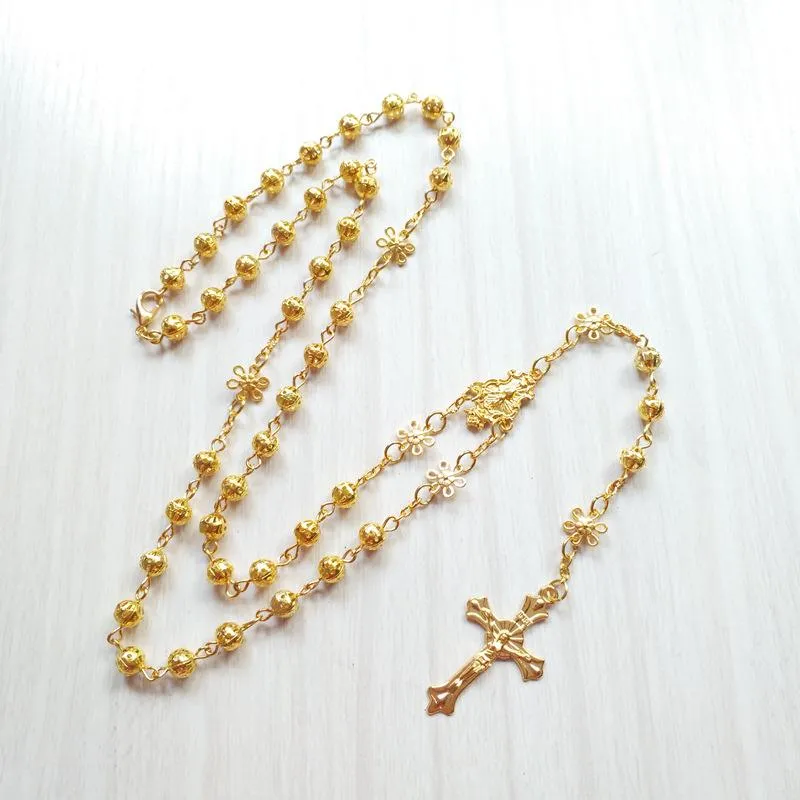 Ожерелья с подвесками Религиозное Золотое ожерелье с четками Цветочные полые четки Цепь Католическое распятие Крест Церковь Крещение Ювелирные изделия H231C