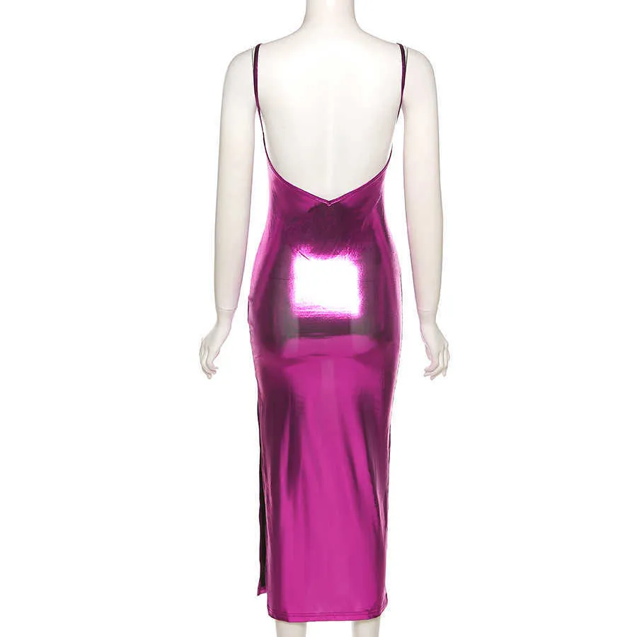 Neon paars nachtclub riem lange jurk voor vrouwen mouwloze backless vrouwelijke partij vakantie maxi jurk skinny stretch outfits2021 y1006