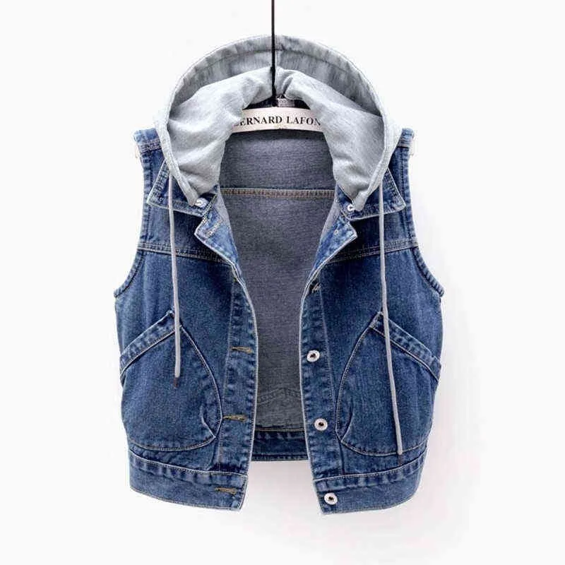 Denim Vest Women Short Spring Hooded Big Pocket Sleeveless Jacket All-Match Slim Top Cardigan S-XXXXL 211220