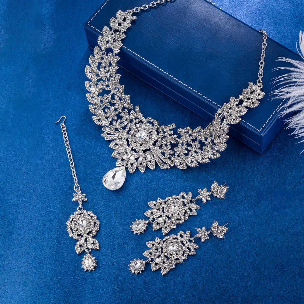 FARLENA, collar de novia indio clásico, pendientes y Frontlet, conjunto de joyería de diamantes de imitación de cristal para boda nupcial de lujo, conjuntos H1022