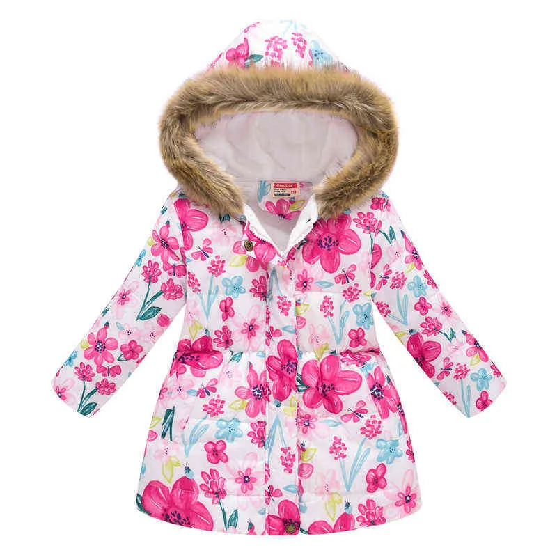 Fashion Kids Girls Jackets Autumn Winter Warm Down Park For Coat Baby Hooded Print Jacket Outerwear Children Clothing 211222