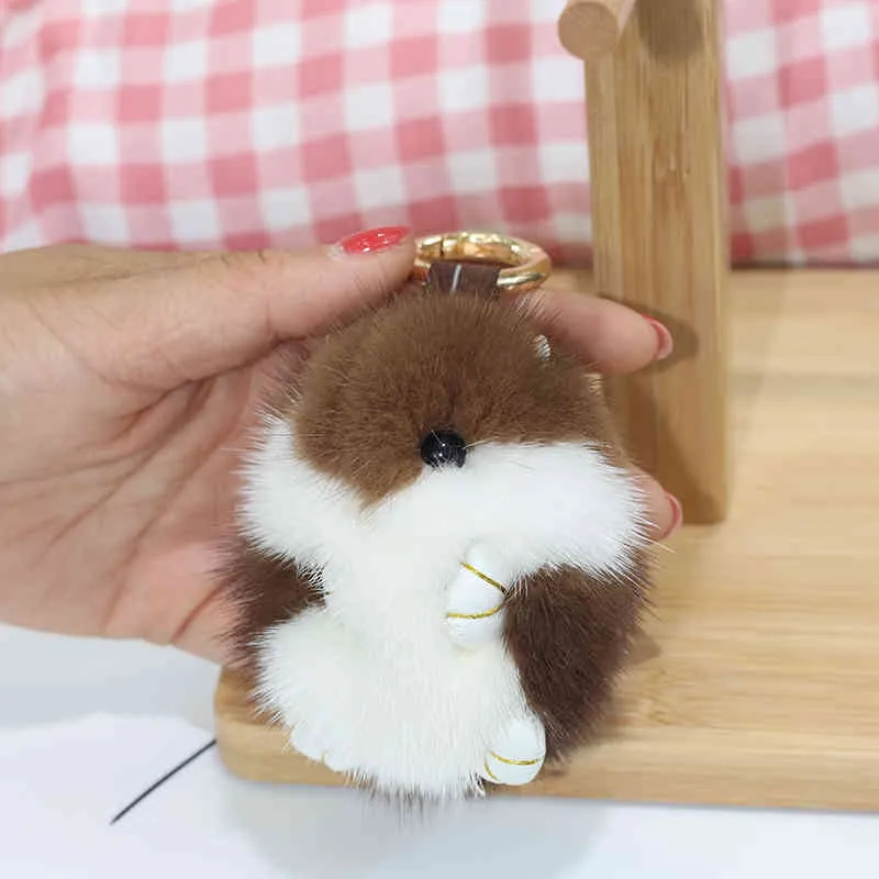 Cute Hamster Real Mink Fur Keychain Fluffy Animals Keyring Charm Handbag Pendant for Women Girls Toys Drop