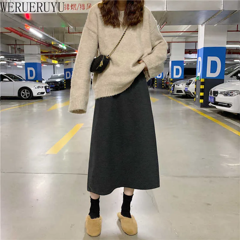 Werueruyu Woolen Kjol Kvinnor Midi Skirt Höst Vinter Tjock Varm En Linje Skirt Hög midja Plaid Sweater Kjolar 210608