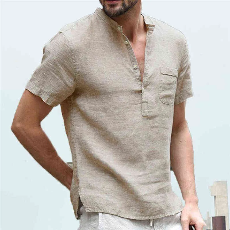 T-shirt da uomo in lino di lino T-shirt casual con scollo a V e bottoni T-shirt slim fit in lino di cotone manica corta Top maschile traspirante Y220214