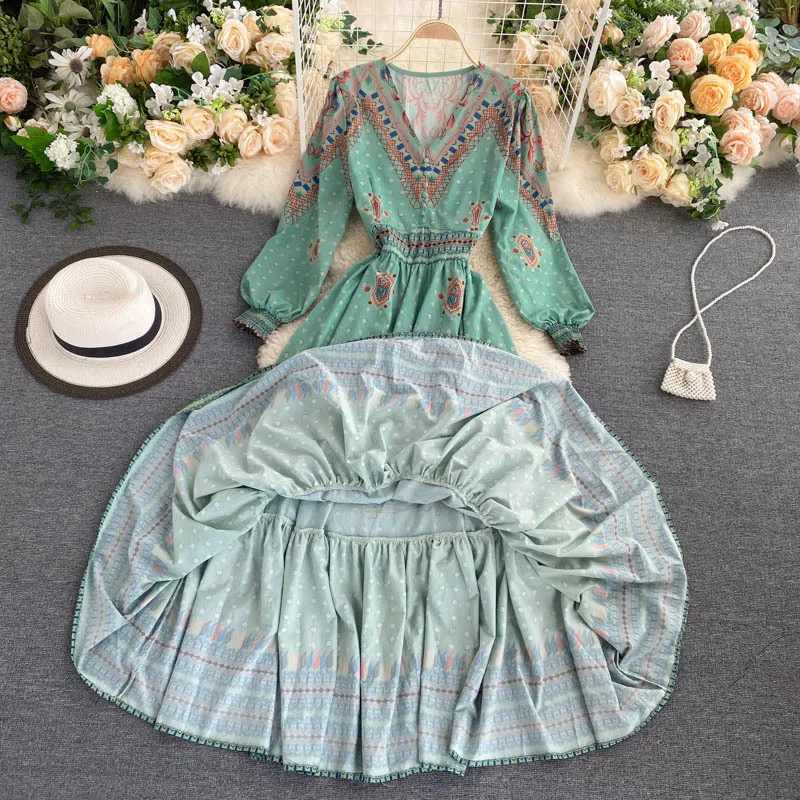 Spring Autumn Women's Dress European Style V-neck Contrasting Color Print Waist Slim Long Sleeve es GX701 210507