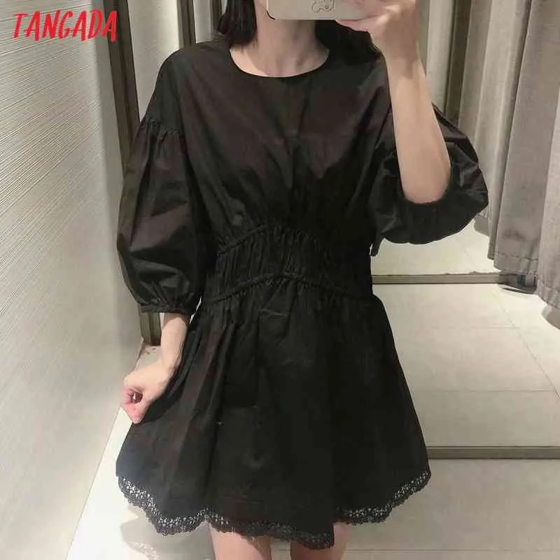 Été femmes noir tunique dentelle Pathcwork bouffée à manches courtes dames Mini robe Vestidos 3H251 210416