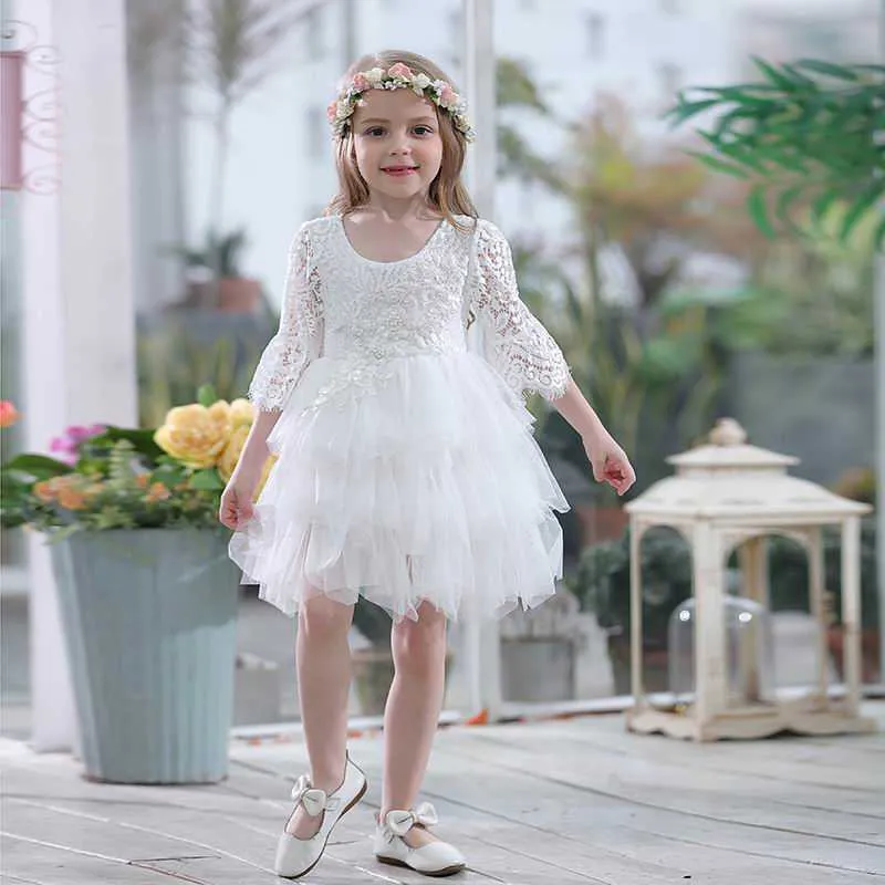 Abito in pizzo all'ingrosso ragazze garza principessa 3/4 manica festa a strati abbigliamento bambini E16900 210610