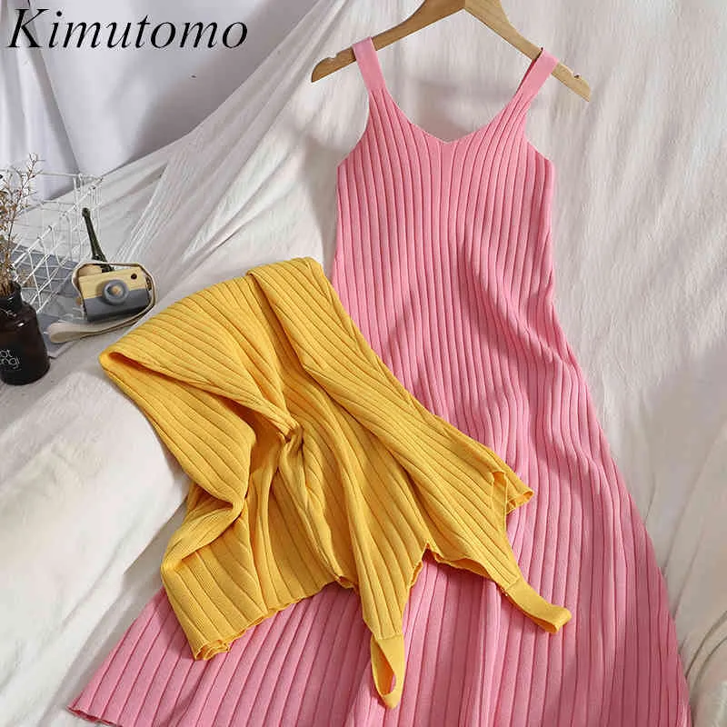 Kimutomo Solid Color Base Summer Sukienka Słodka Podwiązka V-Neck Bez Rękawów Rękawów Koreański Odchudzanie Vestidos de Mujer 210521