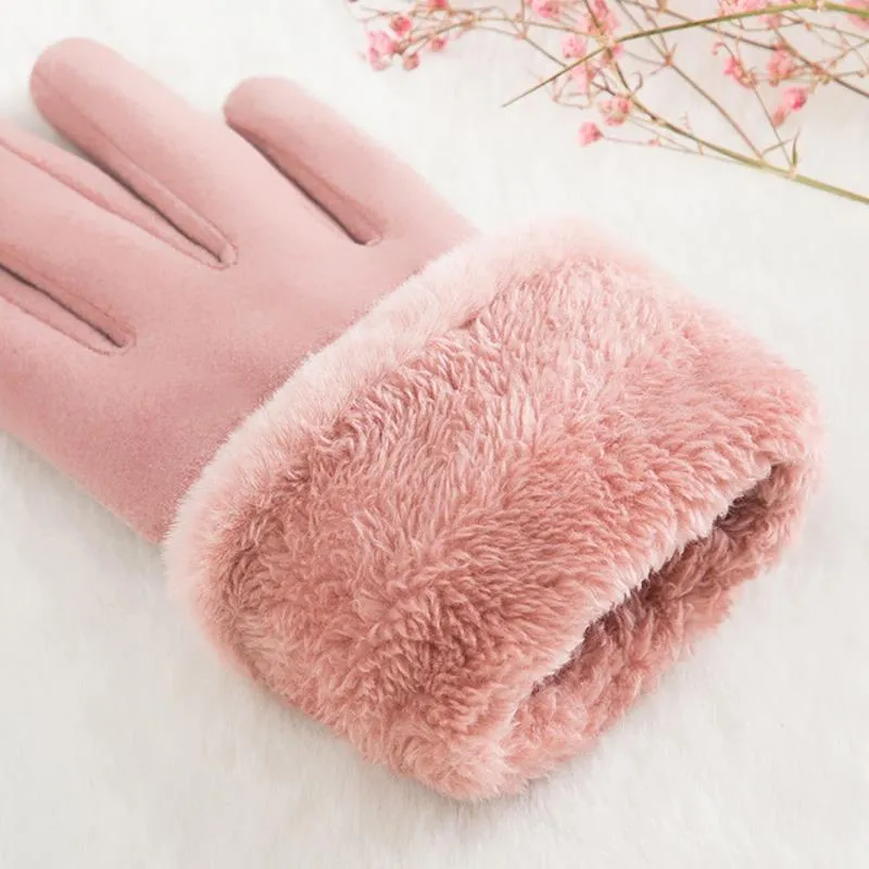 Guanti a cinque dita invernali femminili doppio spessore peluche polso caldo cashmere guanti da ciclismo carini donna touch screen in pelle scamosciata Dri239p