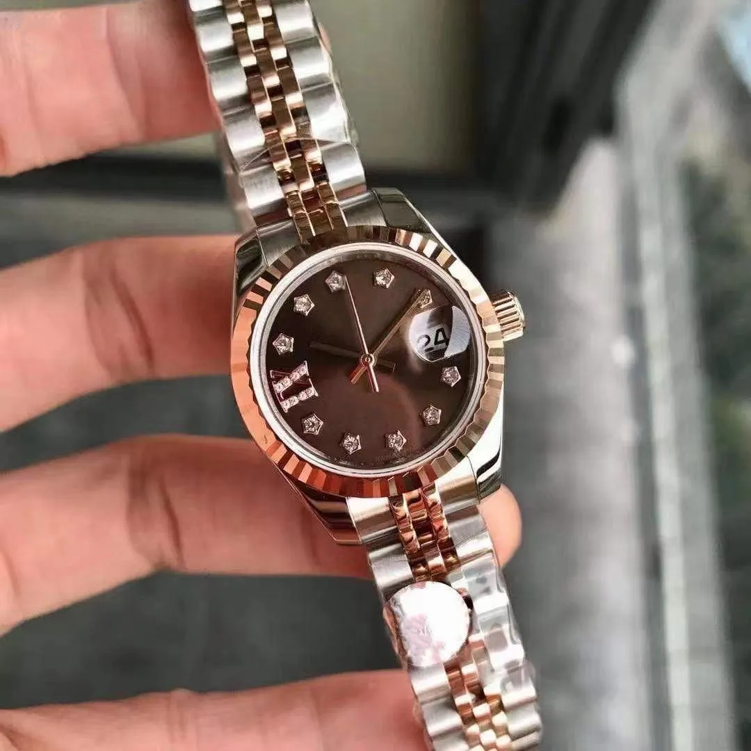 Wysokiej jakości diamentowy moda Rose Gold Ladies Watch 28 mm mechaniczne automatyczne zegarki damskie Pasek ze stali nierdzewnej BRA260P