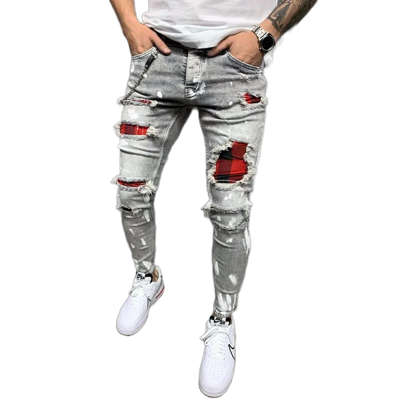 Hommes Skinny Ripped Jeans Plaid Patchwork Denim Pantalon Hip-Hop Imprimer Jogging Crayon Haute Qualité Denim Hommes Pantalon Taille 29 38 42