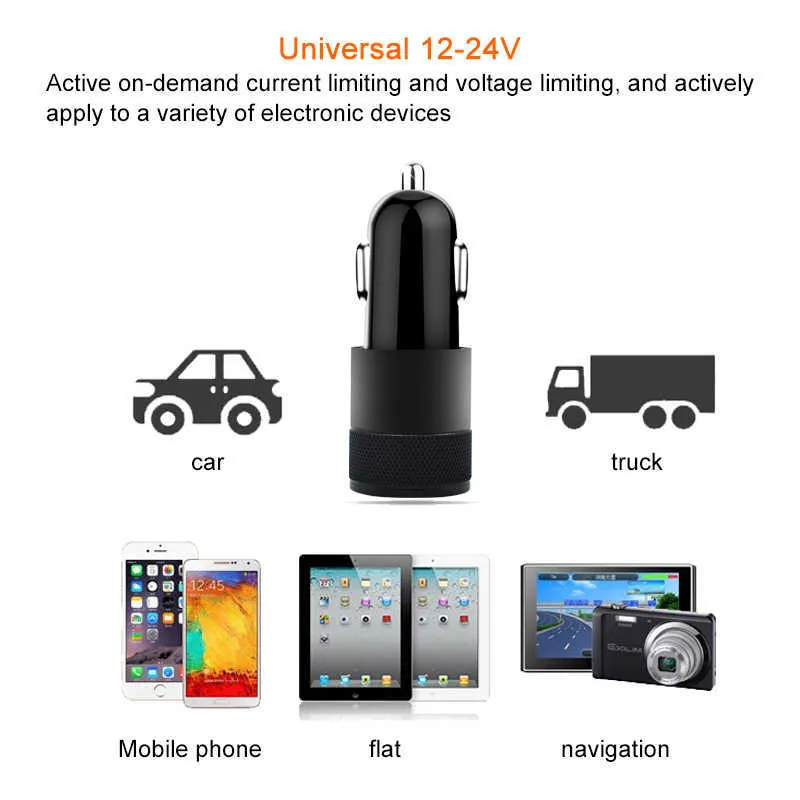 LED 12V-24V 3.1A voiture allume-cigare couleur noire aluminium 2ports double adaptateur chargeur USB pour iPhone Samsung style