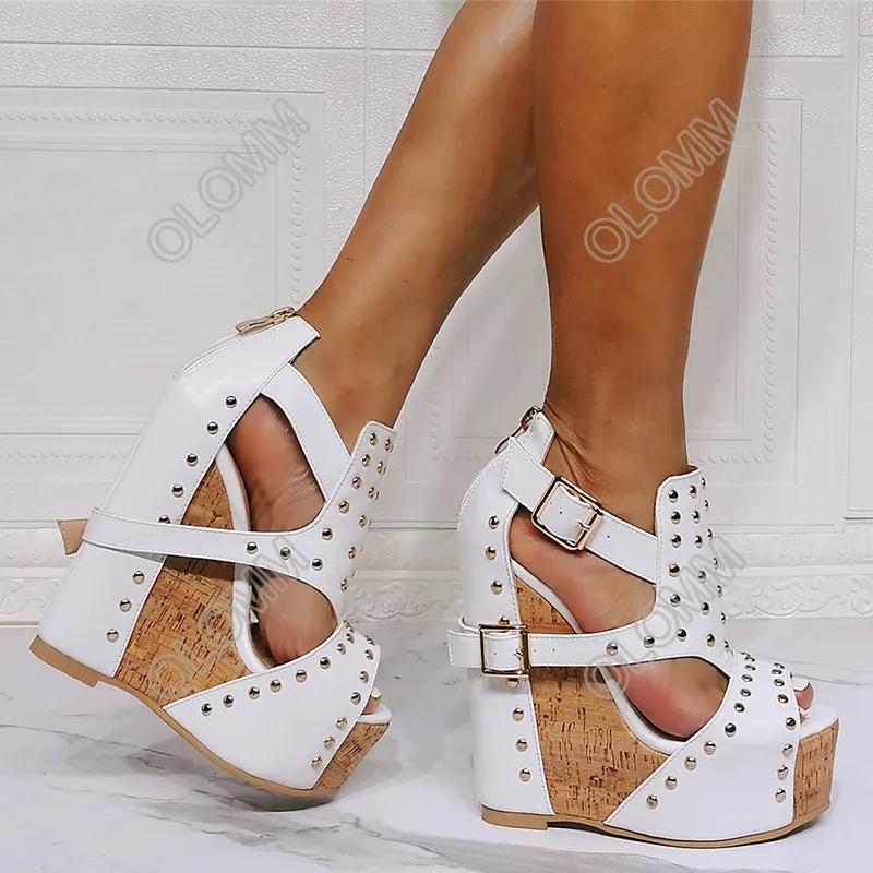 Rontic nouvelle mode femmes été gladiateur sandales clouté Sexy compensées talons hauts bout ouvert blanc noir chaussures de fête taille américaine 5-13