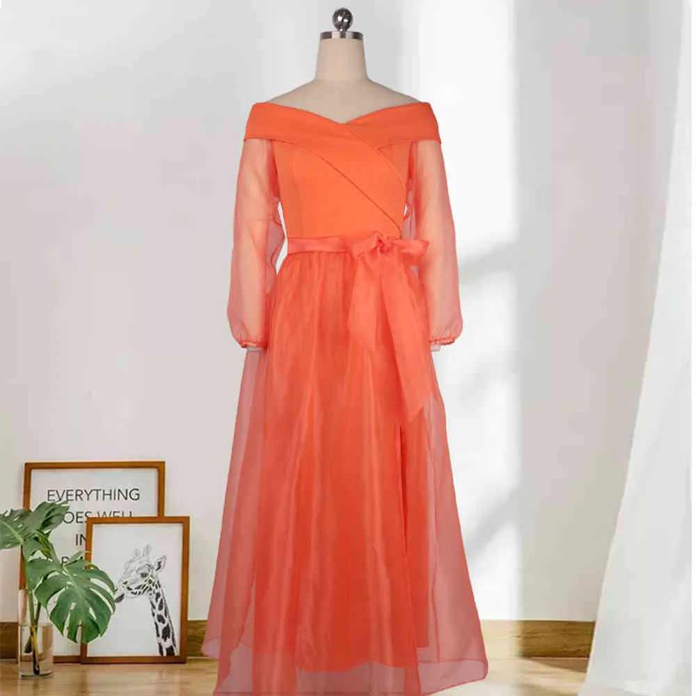 Women Elegant Dresses Off Shoulder Patchwork Sleeves Slit Orange Mesh Birthday Evening Party Robe Plus Size XXL with Waist Belt 21284m