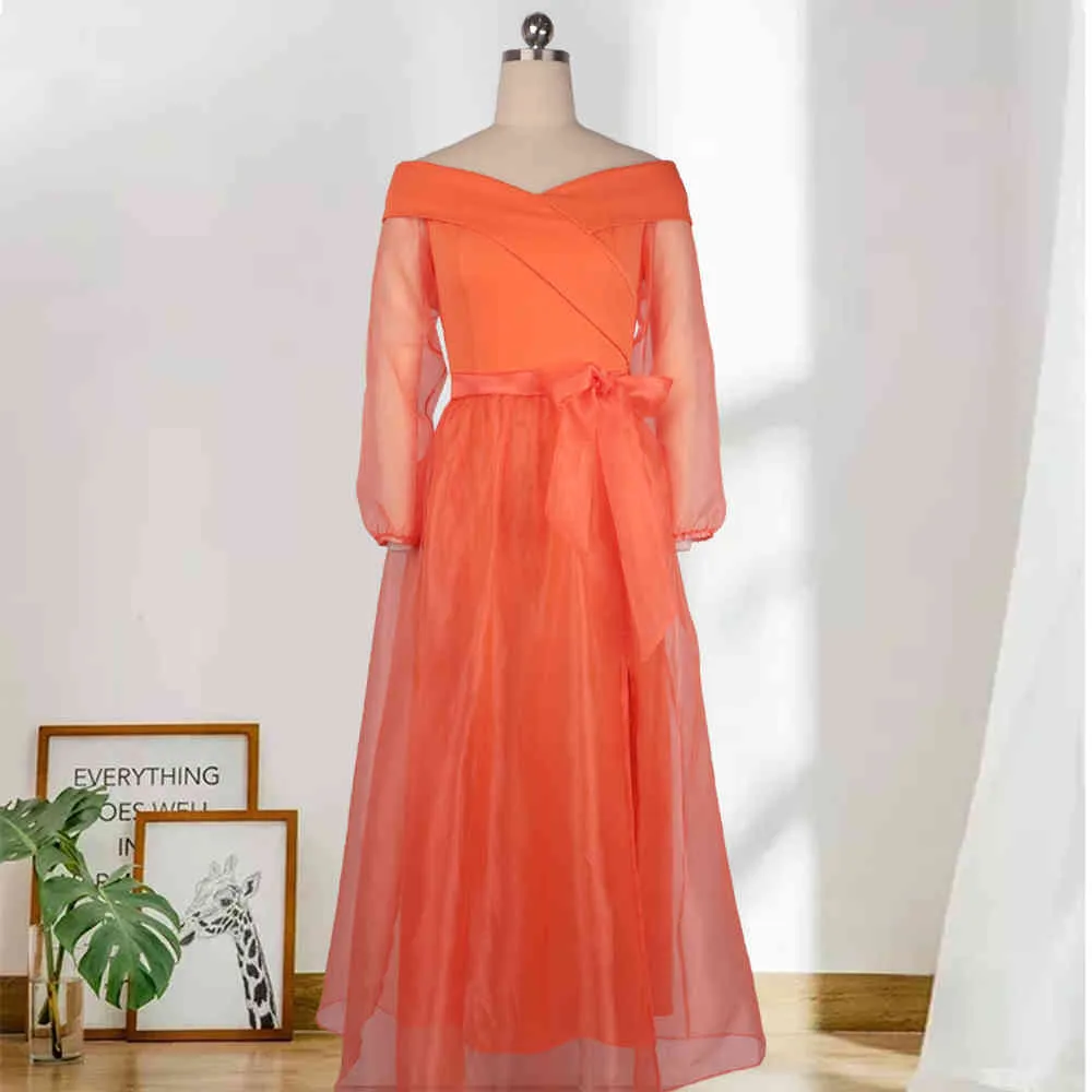 Женские элегантные платья с открытыми плечами, лоскутные рукава с разрезом, оранжевая сетка, вечерний халат на день рождения, большие размеры XXL с поясом 21284m