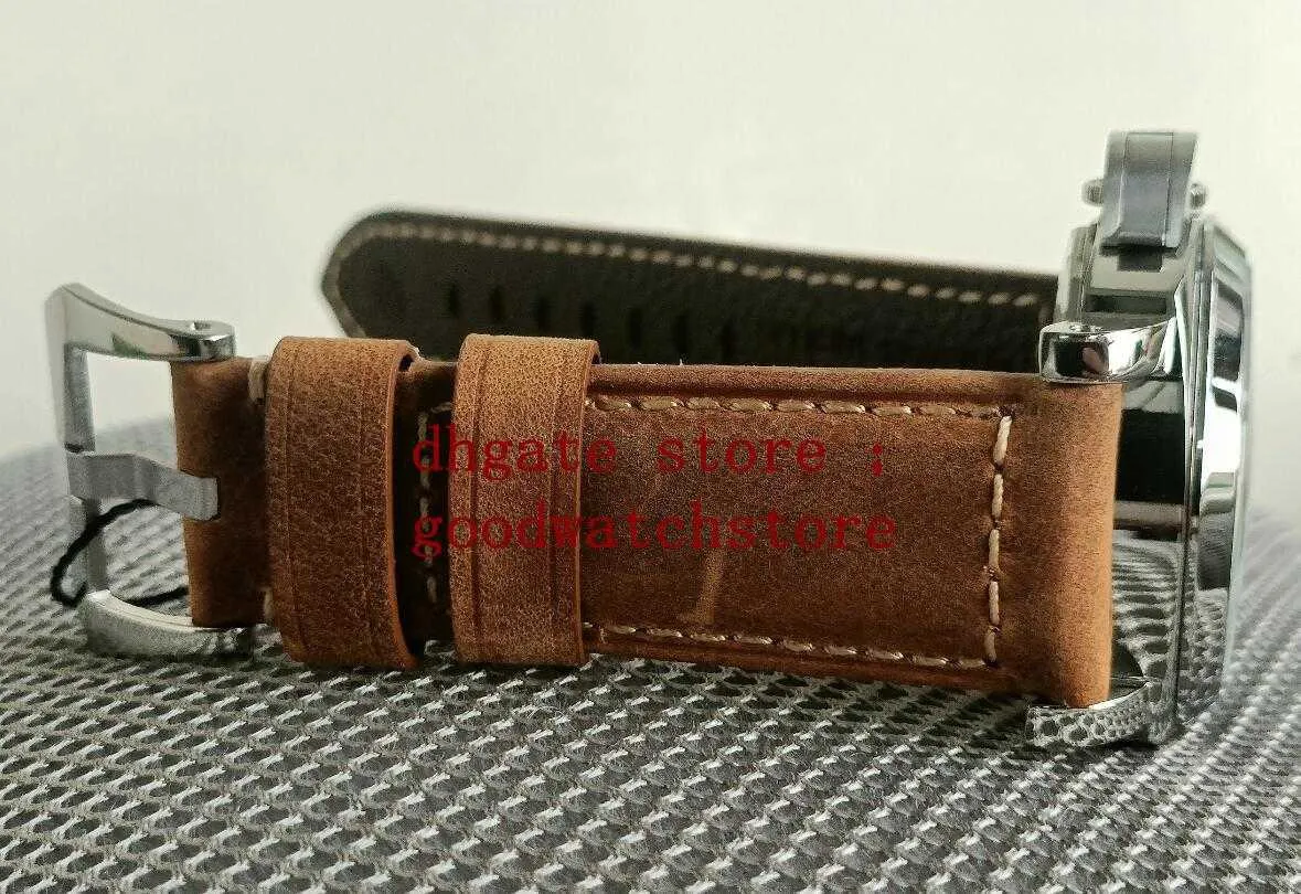 Män begränsad 44mm GMT -armbandsur Brown Cow Leather PAM88 Automatisk rörelse Kvalitetsklockor Band Power Savings Watch230J