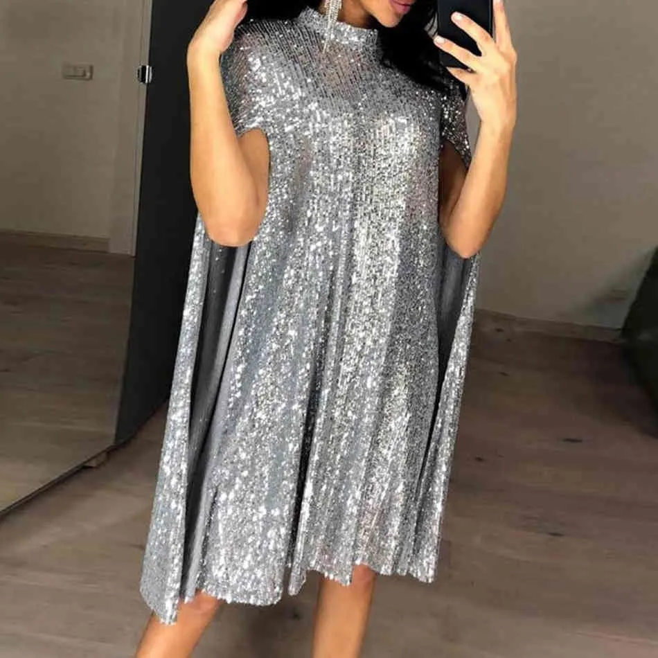 Bezpłatna błyszcząca sukienka z cekinami damska modna stójka peleryna rękaw linia Mini Celebrity Club Party es 210524
