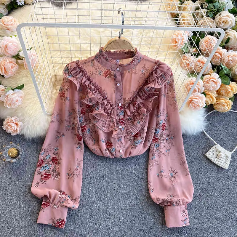 Style Chiffon Puff Sleeve Shirt Women's Spring Clothes Female Sweet Fungus Blusa Pressed Floral Bluose C219 210506