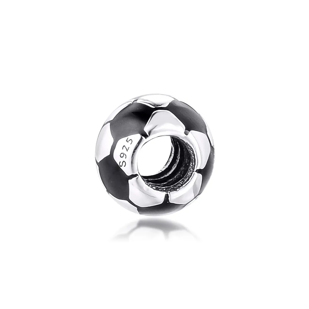 Ciondoli pallone da calcio smaltato nero intero in argento sterling 925 adatto bracciali Pandora originali Perline in metallo Creazione di gioielli fai-da-te